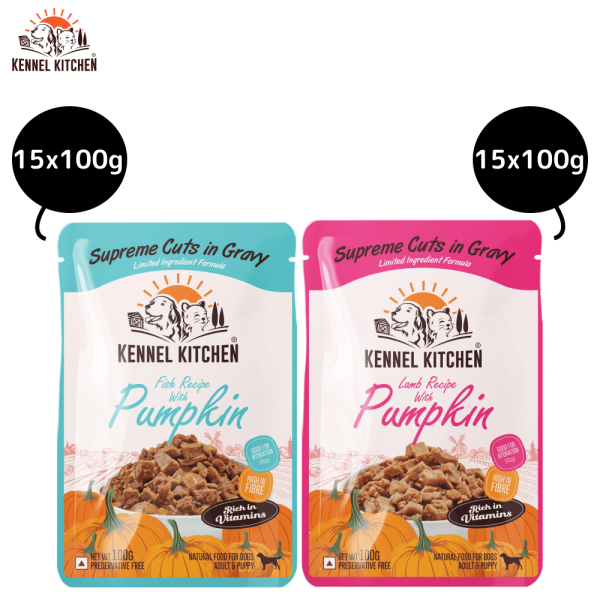 Kennel Kitchen Supreme Cuts Fish with Pumpkin and Lamb with Pumpkin Gravy Adults & Puppy Dog Wet Food (All Life stages) Combo Online now