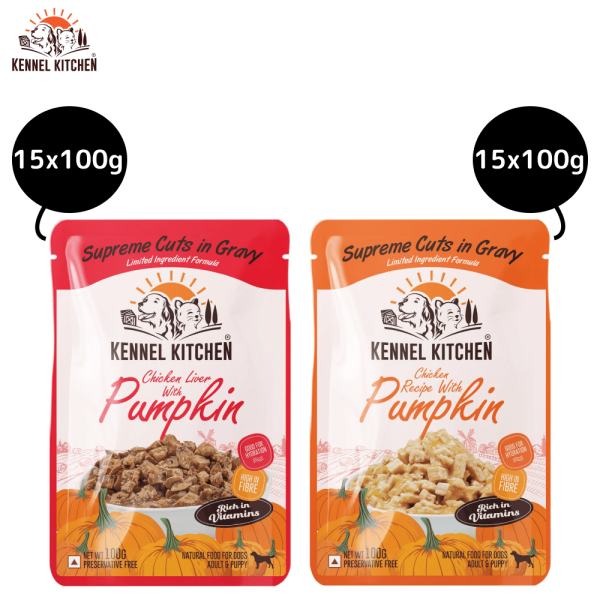 Kennel Kitchen Supreme Cuts Chicken Liver with Pumpkin and Chicken with Pumpkin Gravy Adults & Puppy Dog Wet Food (All Life stages) Combo Online Hot Sale