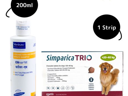 Zoetis Simparica Trio Tablet (20-40 kg) and Virbac Clinar M Shampoo Tick & Flea Control Combo for Dogs Discount