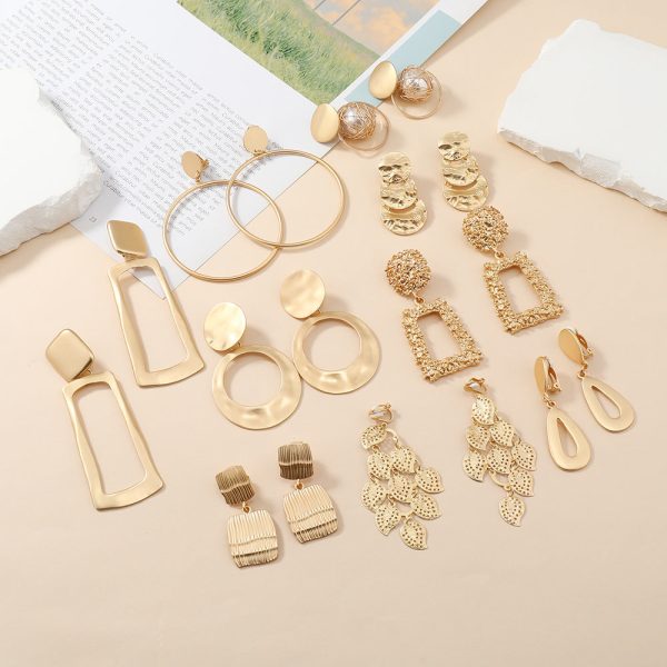 Wholesale Fashion Exaggerated Alloy Geometric Electroplated Matt Gold Clip Earrings Hot on Sale