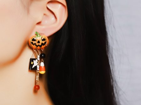 Wholesale Halloween Creative Fashion Oil Drop Funny Zircon Inlaid Pumpkin Skull Tassel Earrings Online now