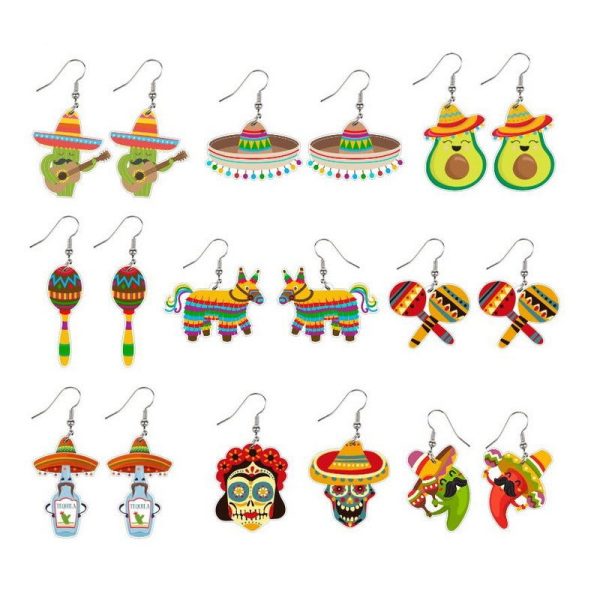 Wholesale Mexican May 5th Carnival Chili Rainbow Horse Wine Hat Skull Avocado Acrylic Earrings For Discount