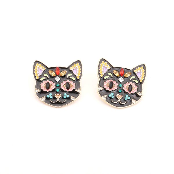 Wholesale Exaggerated Oil-drop Color Black Cat Inlaid with Rhinestone Alloy Earrings on Sale