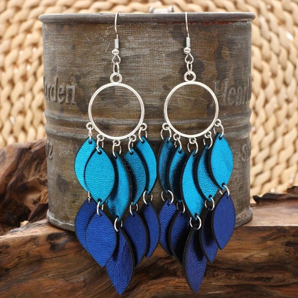 Wholesale Bohemian Style Feathers Shaped Small Leaves PU Leather Earrings Online Sale