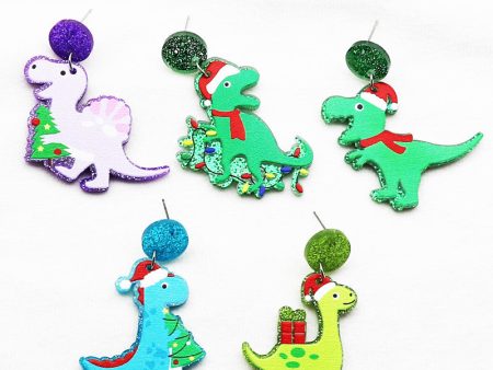 Wholesale Creative Christmas Dinosaur Santa Hat Neon Acrylic Glitter Scarf Purple Earrings Supply