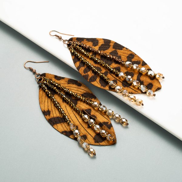 Wholesale Leaf Leopard Leather Crystal Tassel Earrings For Sale