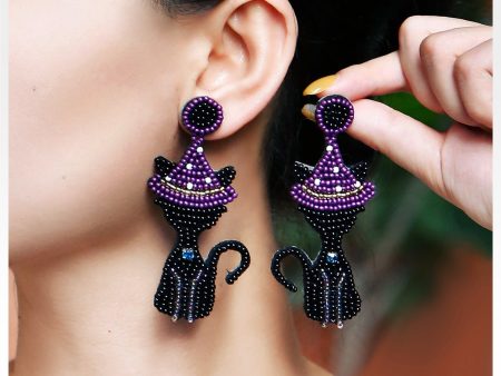 Wholesale Creative Handmade Rice Beads Witch Cat Halloween Earrings Hot on Sale