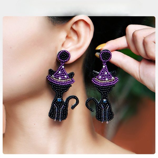 Wholesale Creative Handmade Rice Beads Witch Cat Halloween Earrings Hot on Sale