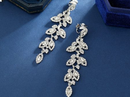 Wholesale Fashion Exaggerated Alloy Diamond Leaf Long Clip Earrings Online