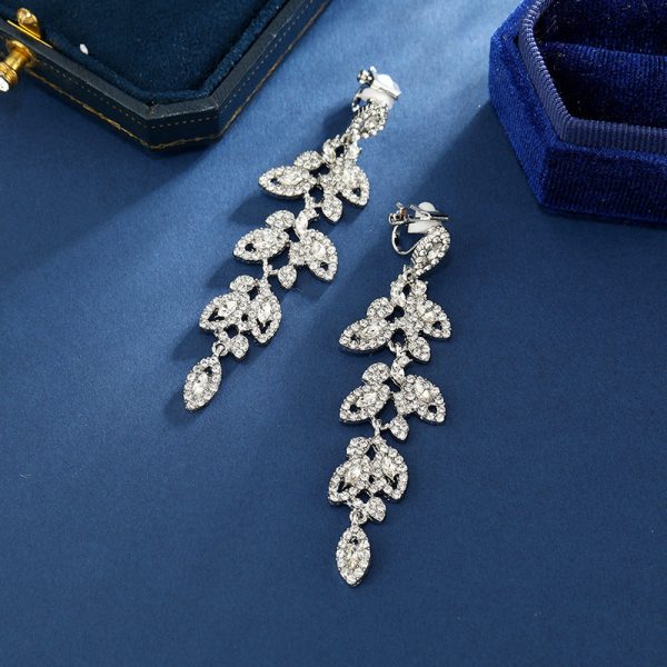 Wholesale Fashion Exaggerated Alloy Diamond Leaf Long Clip Earrings Online