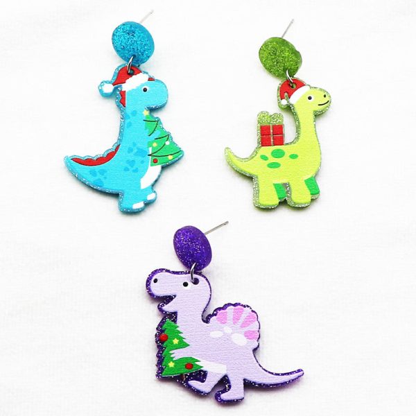 Wholesale Creative Christmas Dinosaur Santa Hat Neon Acrylic Glitter Scarf Purple Earrings Supply