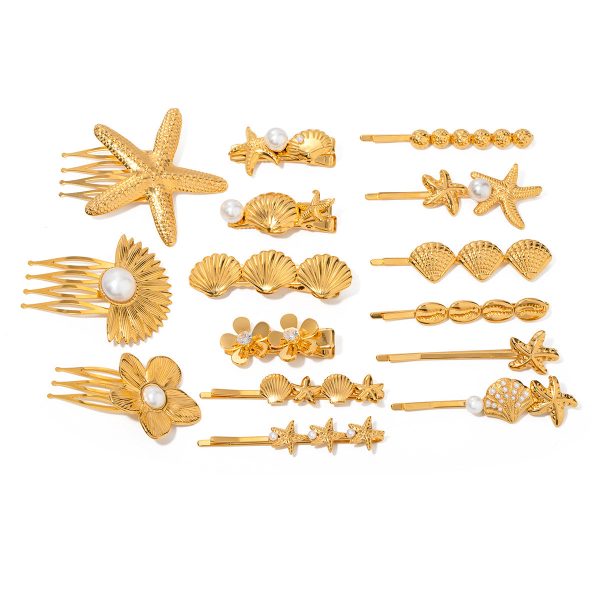 Wholesale 18k Gold Stainless Steel Personalized Retro Pattern Starfish Hair Clips Discount