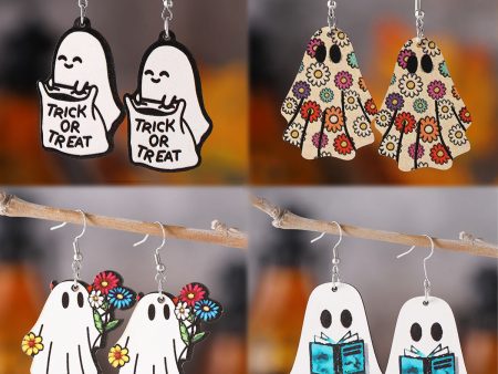 Wholesale Halloween Gothic Style Cute Ghost Flower Book Pocket Ghost Pendant Wooden Double-sided Earrings For Cheap