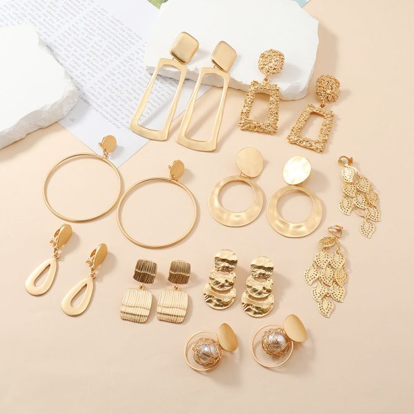 Wholesale Fashion Exaggerated Alloy Geometric Electroplated Matt Gold Clip Earrings Hot on Sale