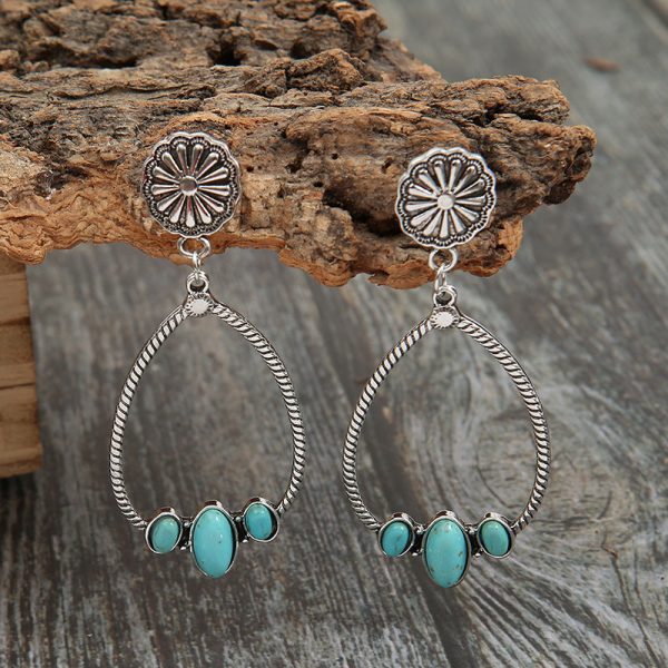 Wholesale Large Circle Teardrop Turquoise Hollow Daisy Exaggerated Earrings Fashion