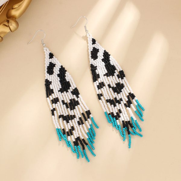 Wholesale Bohemian Handwoven Cow Pattern Long Tassel Rice Bead Earrings Cheap