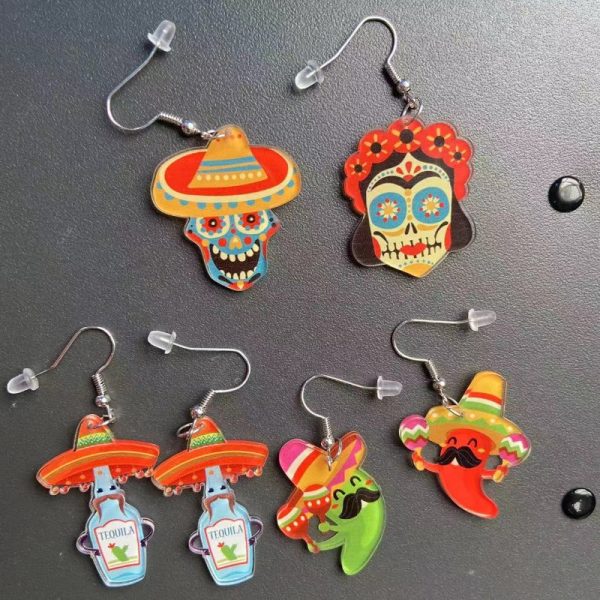 Wholesale Mexican May 5th Carnival Chili Rainbow Horse Wine Hat Skull Avocado Acrylic Earrings For Discount