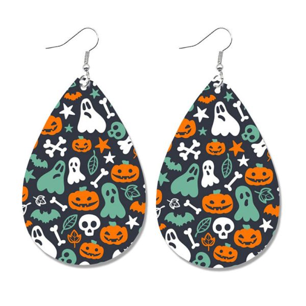 Wholesale Halloween Pumpkin Ghost Candy Print Water Drop Leather Earrings For Discount