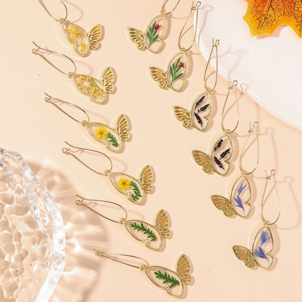 Wholesale Fashion Dried Flower Epoxy Butterfly Earrings Online Sale