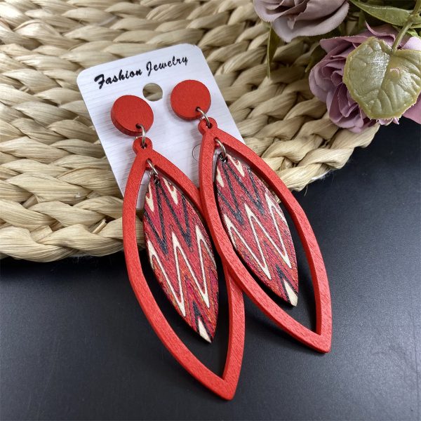 Wholesale Bohemian Exaggerated Wooden Leaves Geometric Retro Earrings For Discount