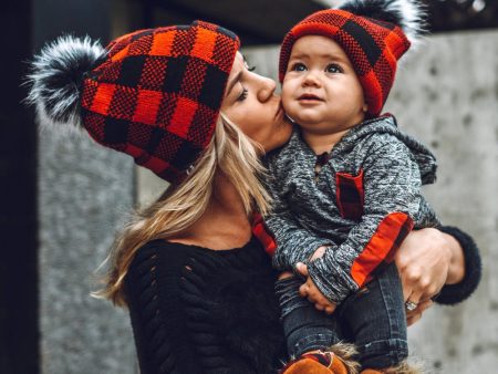 Wholesale 10pcs Wool Ball Parent-child Red and Black Plaid Knitted Hat on Sale