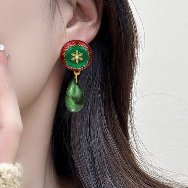 Wholesale French Medieval Style Red Oil Drop Retro Flower Earrings on Sale