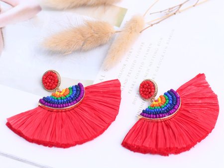 Wholesale Handwoven Color Block Rice Beads Exaggerated Raffia Earrings For Sale