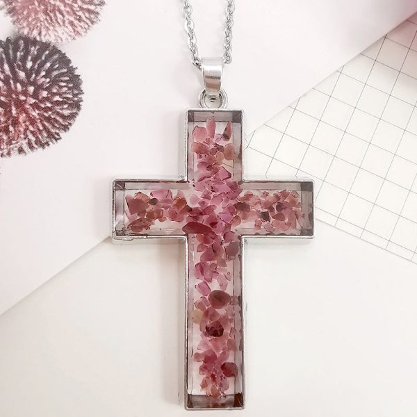 Wholesale 6pcs Natural Stone Rose Dried Flower Resin Cross Fashion Necklace Supply