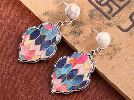 Wholesale Leather Alloy Turquoise Color Quadrilateral Earrings For Cheap