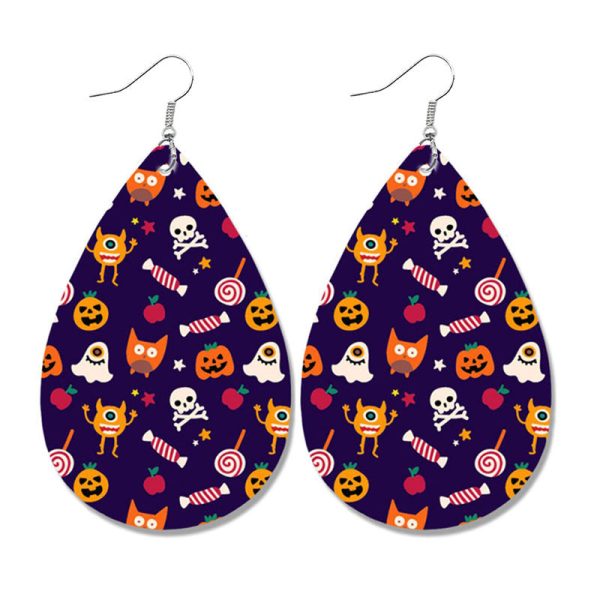 Wholesale Halloween Pumpkin Ghost Candy Print Water Drop Leather Earrings For Discount