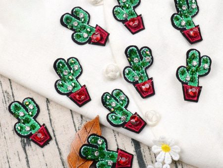 Wholesale Handmade Beaded Cactus Rhinestone Embroidery Cloth Patch Hat Clothes Decoration on Sale