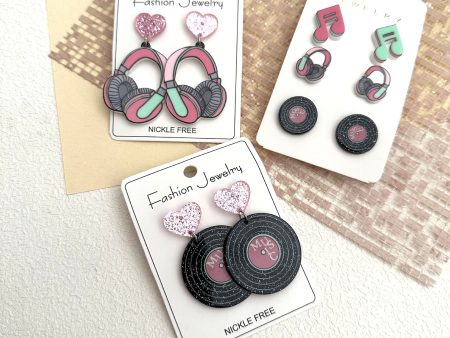 Wholesale Music Festival Earphone Disc Three-piece Set Music Note Acrylic Contrast Color Earrings Fashion