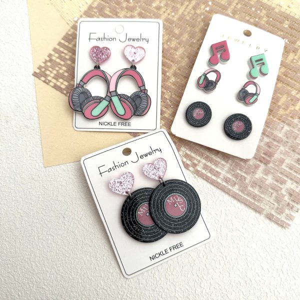 Wholesale Music Festival Earphone Disc Three-piece Set Music Note Acrylic Contrast Color Earrings Fashion