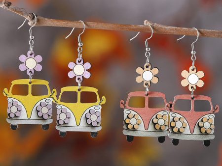 Wholesale Teacher s Day Back To School Season Flower School Bus Wooden Earrings Sale