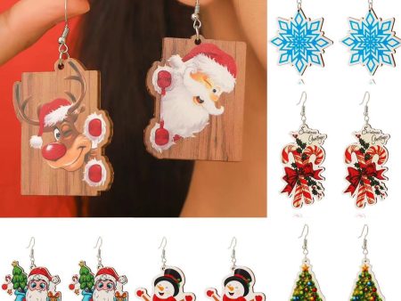 Wholesale Christmas Snowflake Santa Claus Wooden Earrings Hot on Sale