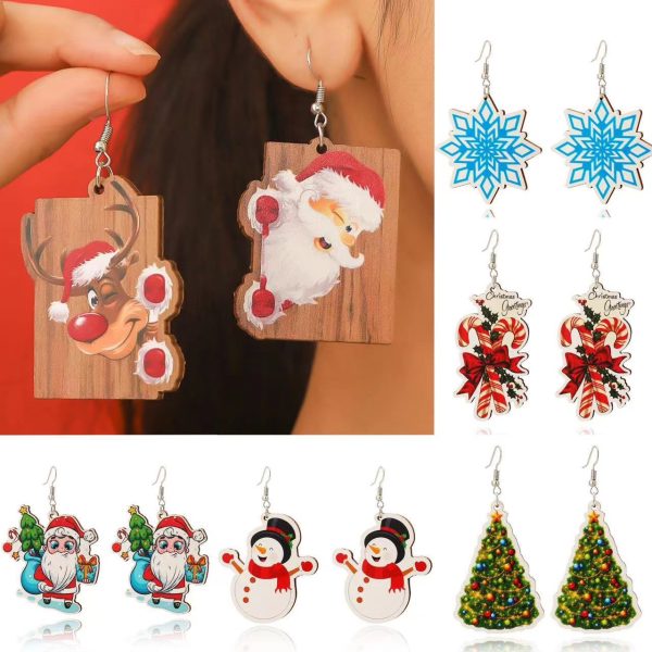 Wholesale Christmas Snowflake Santa Claus Wooden Earrings Hot on Sale