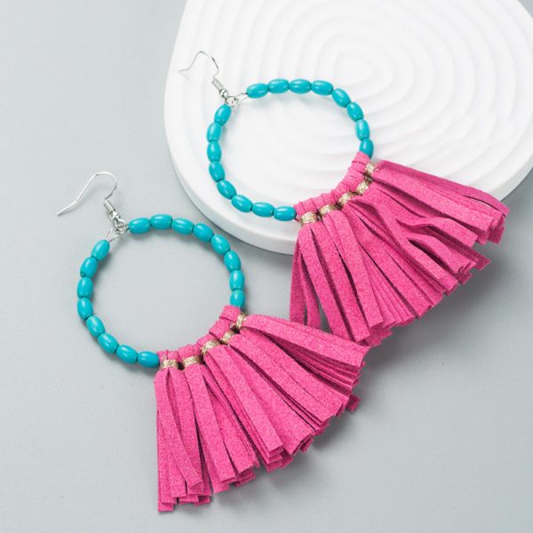 Wholesale Large Round Turquoise Handmade Leather Tassel Earrings Online Hot Sale