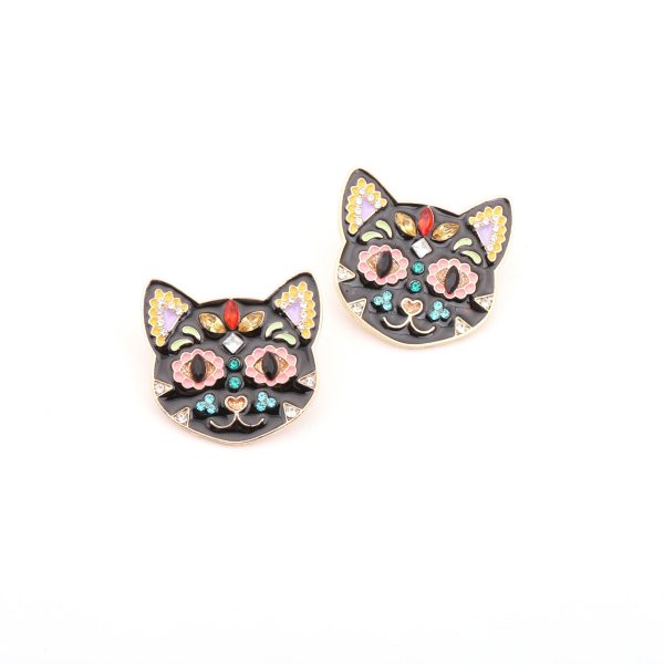 Wholesale Exaggerated Oil-drop Color Black Cat Inlaid with Rhinestone Alloy Earrings on Sale