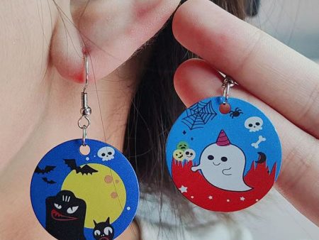 Wholesale Ghost Pumpkin Round Metal Colorful Cat Vintage Halloween Earrings Supply