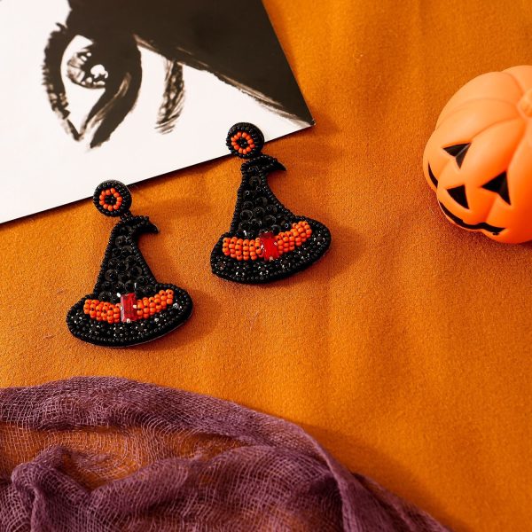 Wholesale Halloween Hat Ghost Creative Rice Bead Pumpkin Bat Exaggerated Earrings For Sale