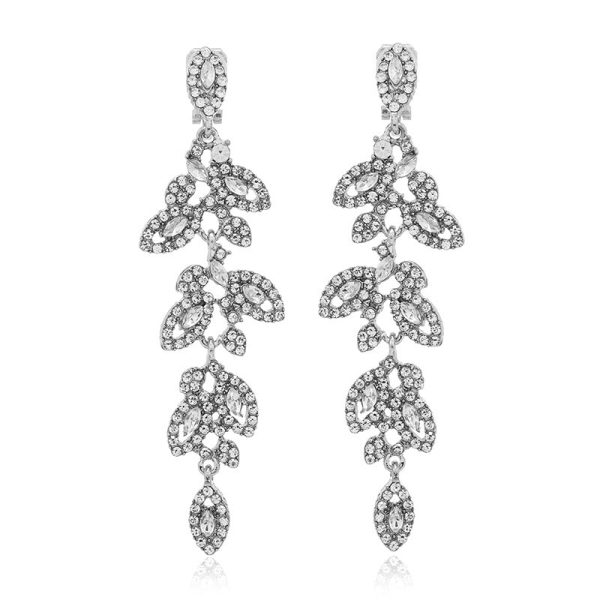 Wholesale Fashion Exaggerated Alloy Diamond Leaf Long Clip Earrings Online