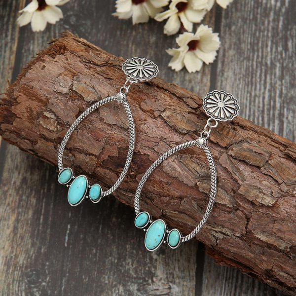 Wholesale Large Circle Teardrop Turquoise Hollow Daisy Exaggerated Earrings Fashion