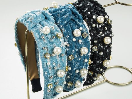 Wholesale Denim Fashion Pearl Sequin Headband on Sale