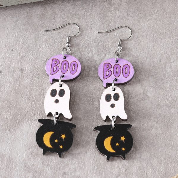 Wholesale Halloween Gothic Style Cute Ghost Tassel Stitching Wooden Double-sided Earrings For Sale