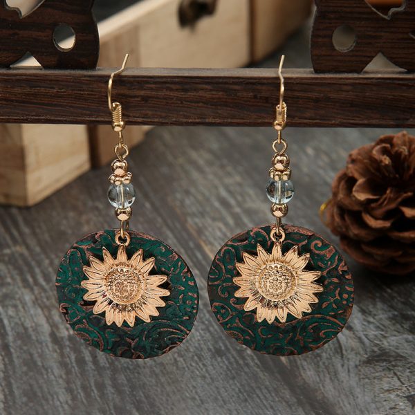 Wholesale Retro Bohemian Color Separation Double Layer Sunflower Pattern Earrings on Sale