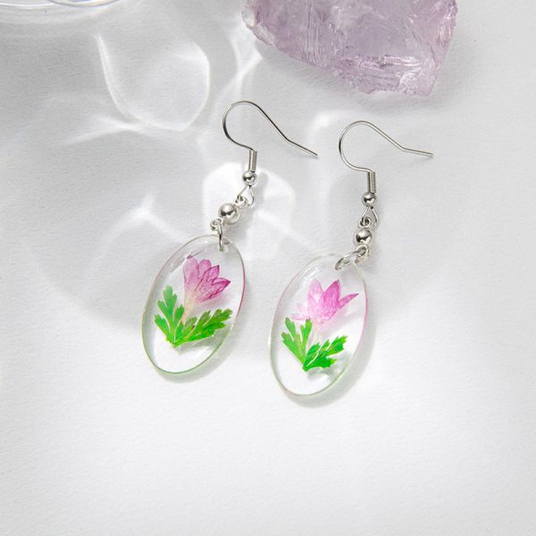 Wholesale 6pcs Purple Small Flower Dried Flower Real Flower Specimen Oval Earrings For Discount