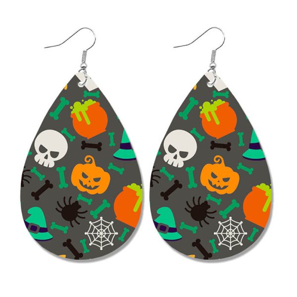 Wholesale Halloween Pumpkin Ghost Candy Print Water Drop Leather Earrings For Discount