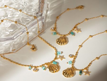 Wholesale Shell Star Inlaid Rhinestone Blue Amazonite 18k Gold Stainless Steel Necklace For Cheap