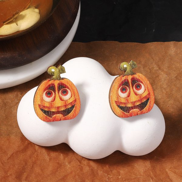 Wholesale Halloween Creative Funny Wood Printed Pumpkin Expression Pack Earrings Hot on Sale