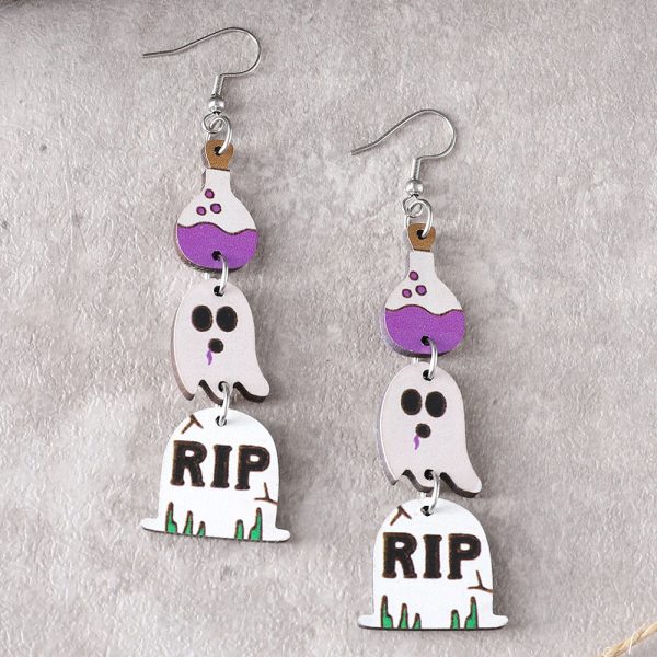 Wholesale Halloween Gothic Style Cute Ghost Tassel Stitching Wooden Double-sided Earrings For Sale